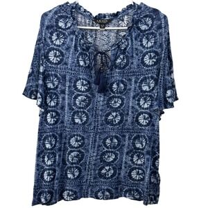 Lauren Ralph Lauren XL Indigo Blue Linen Blend Shibori Tie Dye Peasant Top